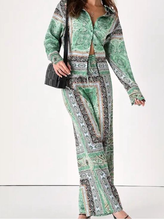 Lulus Pants - Lulu's Green Paisley Print Satin Pant and Button Down Shirt Set XL